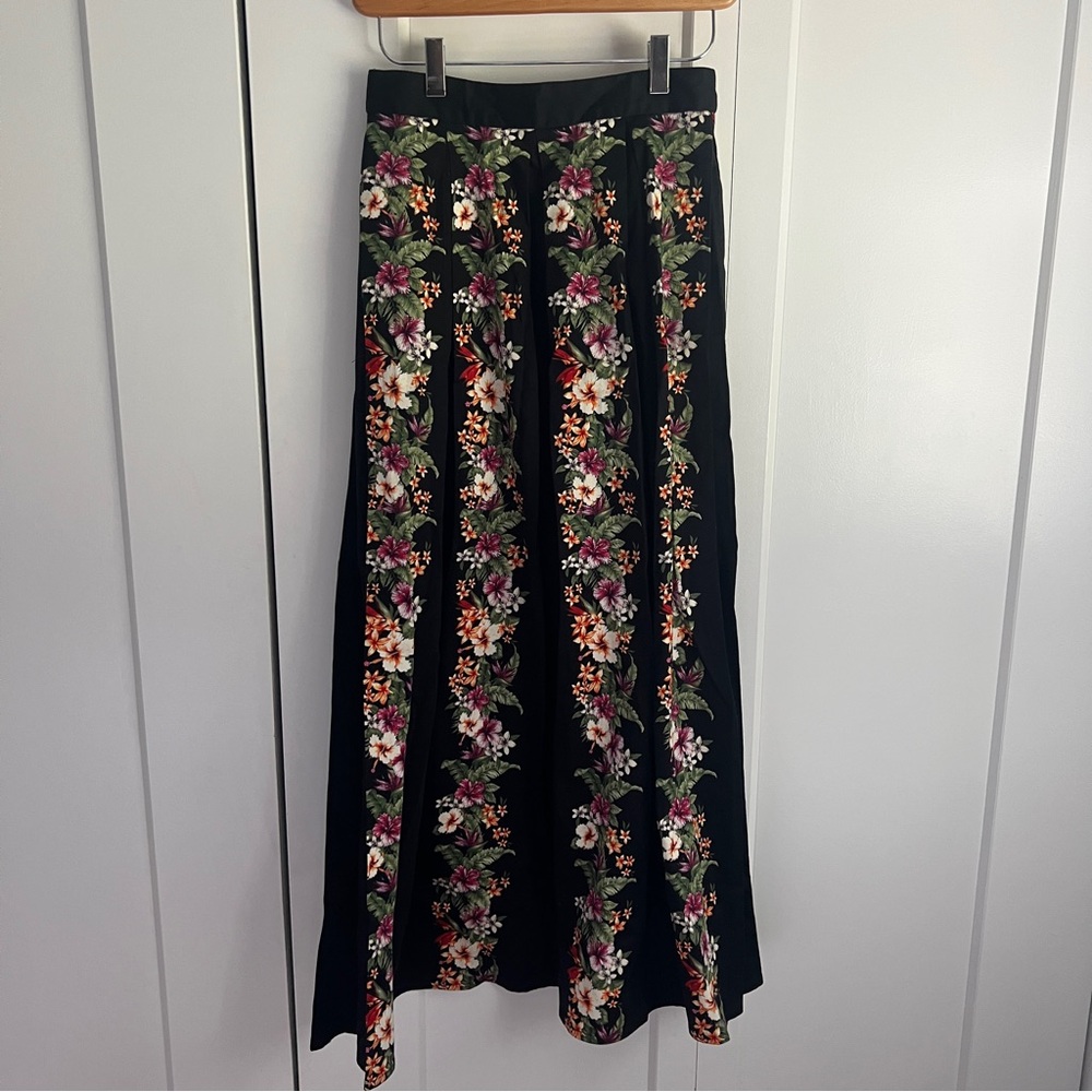 FARM Rio Black Floral Stripe Midi Skirt